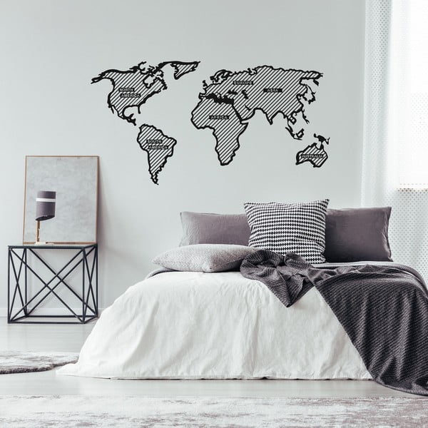 Čierna kovová nástenná dekorácia World Map In The Stripes, 150 × 80 cm