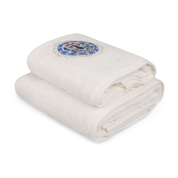Set bieleho uteráka a bielej osušky s farebným detailom Bleuet