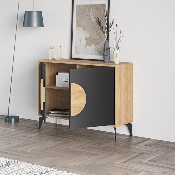 Nízka komoda v dekore duba v čierno-prírodnej farbe 110x82 cm Vae – Marckeric-image-4