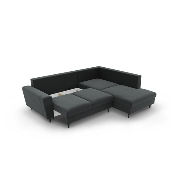 Tmavosivá zamatová rozkladacia/s úložným priestorom rohová pohovka (pravý roh/do L) Kyoto – Cosmopolitan Design-image-3