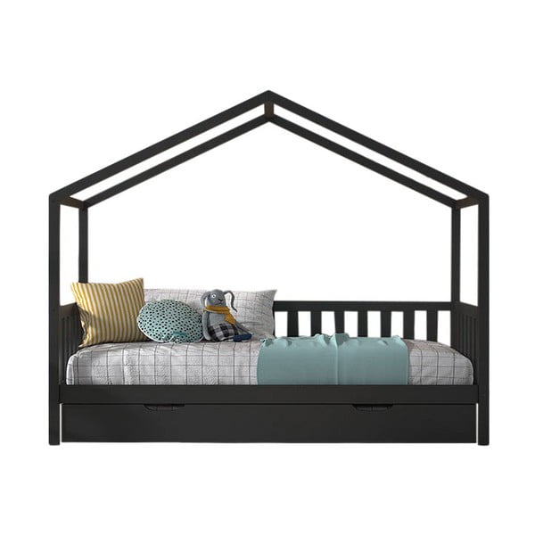 Antracitová domčeková detská posteľ z borovicového dreva s výsuvným lôžkom a úložným priestorom 90x200 cm DALLAS – Vipack