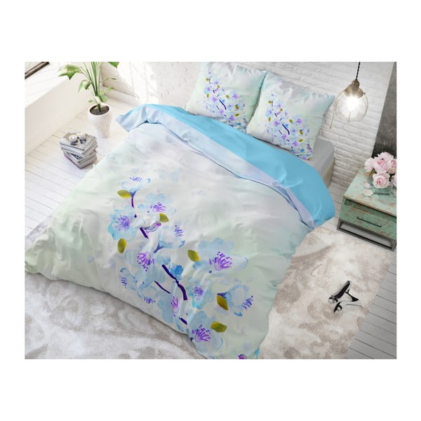 Modré bavlnené posteľné obliečky Sleeptime Sweet Flowers, 140 × 220 cm