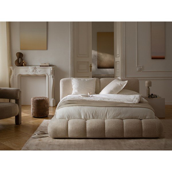 Béžová čalúnená dvojlôžková posteľ s úložným priestorom s roštom 160x200 cm Solange – Micadoni -image-1