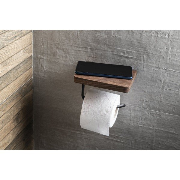 Hnedý nástenný/s poličkou drevený držiak na toaletný papier – Sapho-image-2