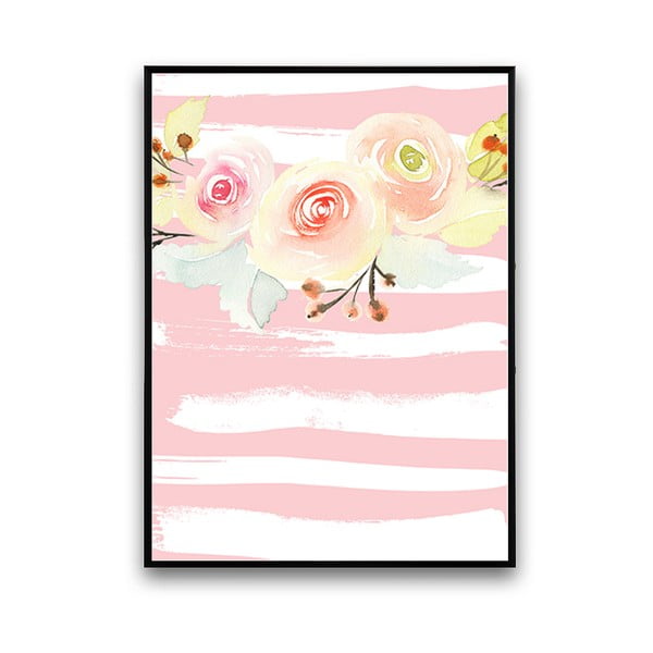 Plagát s kvetmi, bielo-ružové pruhované pozadie, 30 x 40 cm