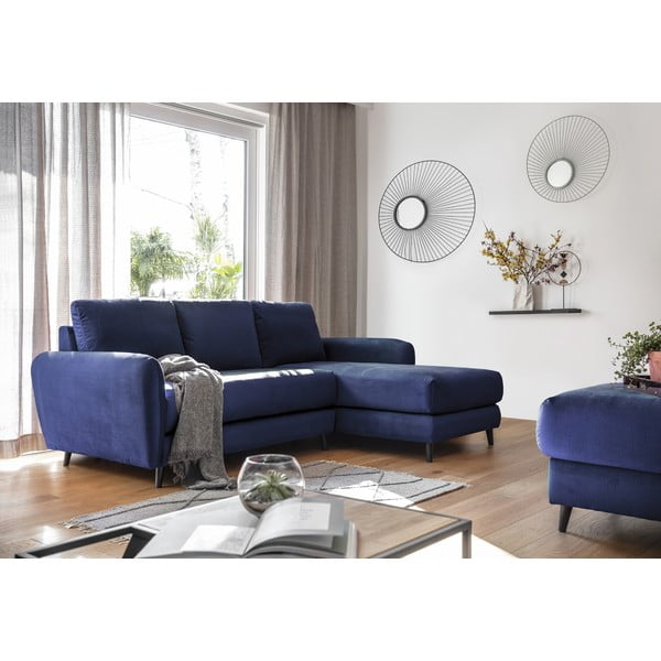 Námornícky modrá zamatová rohová pohovka s podnožkou Miuform Cosy Claire, pravý roh-image-4