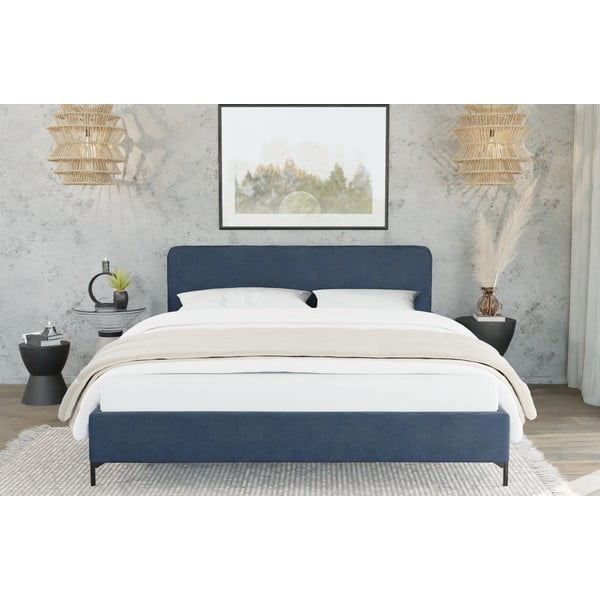 Tmavomodrá čalúnená dvojlôžková posteľ s roštom 180x200 cm Barker – Ropez-image-3