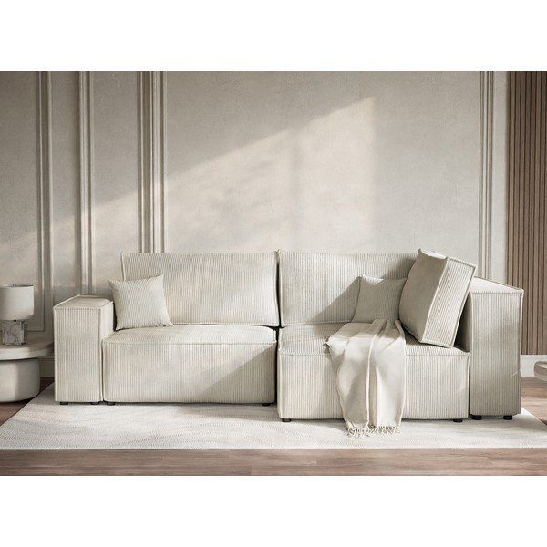 Krémová menčestrová rozkladacia/s úložným priestorom rohová pohovka (pravý roh/do L) Tonga – Maison de Rêve-image-1