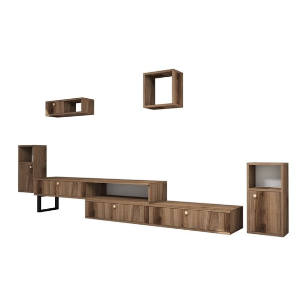 Set TV stolíka a 4 nástenných políc v dekore orechového dreva Ratto Lu×