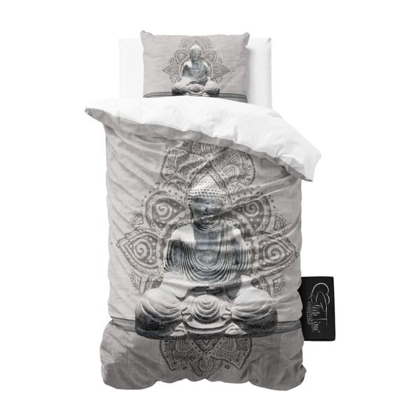 Sivé obliečky z mikroperkálu Sleeptime Buddha Love, 140 x 220 cm

