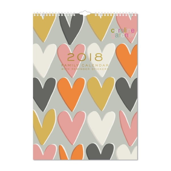Nástenný rodinný kalendár na rok 2018 s lepiacimi papierikmi Portico Designs Caroline Gardner Hearts, A3
