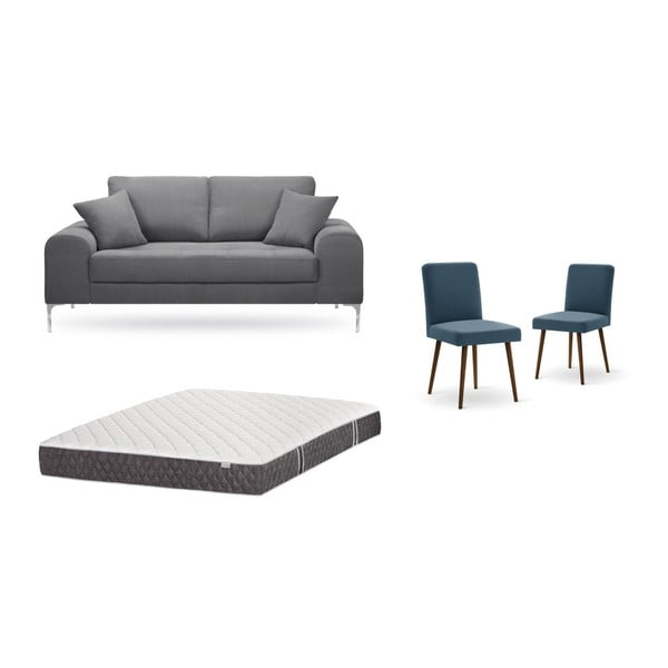Set dvojmiestnej sivej pohovky, 2 modrých stoličiek a matraca 140 × 200 cm Home Essentials
