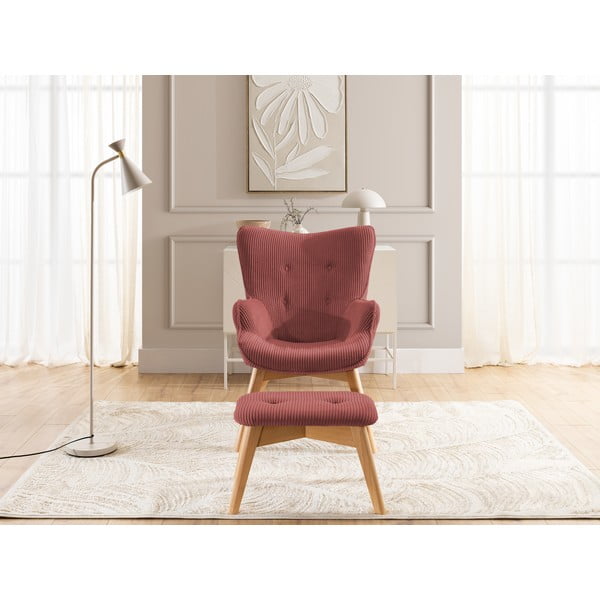 Červené menčestrové kreslo s podnožkou Niko – Ropez-image-1