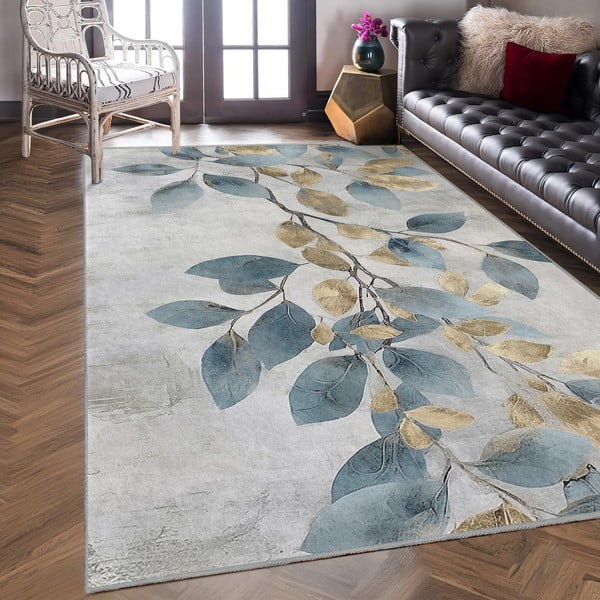 Prateľný koberec vo svetlomodrej a zlatej farbe 120x180 cm Golden Leaves – Mila Home-image-3