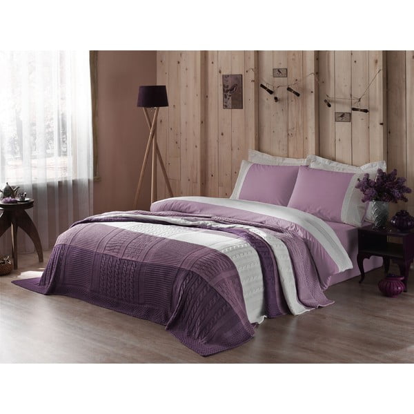 Obliečky s plachtou a posteľnou prikrývkou Purple and White, 160x220 cm