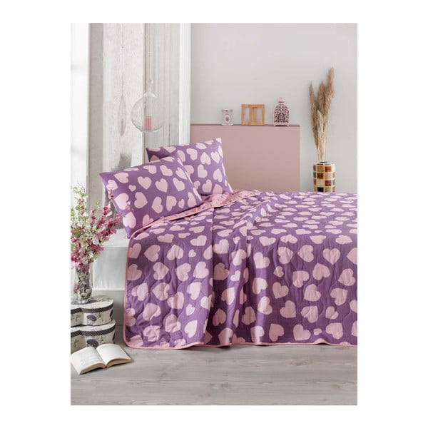Fialovo-ružová prikrývka cez posteľ na dvojlôžko s obliečky na vankúše Pari, 200 × 220 cm