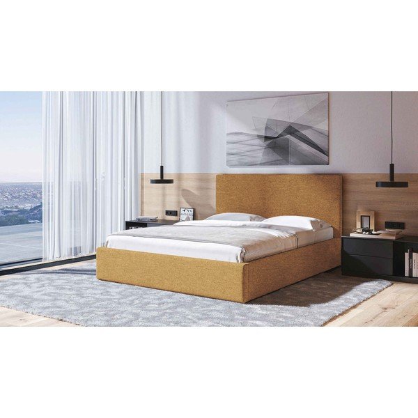 Okrovožltá čalúnená dvojlôžková posteľ s úložným priestorom s roštom 160x200 cm Bufo – MESONICA-image-1