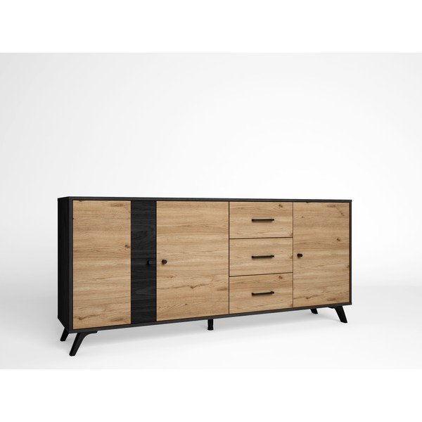 Čierna/prírodná nízka komoda v dekore duba 181x81 cm Bocami – Marckeric-image-2