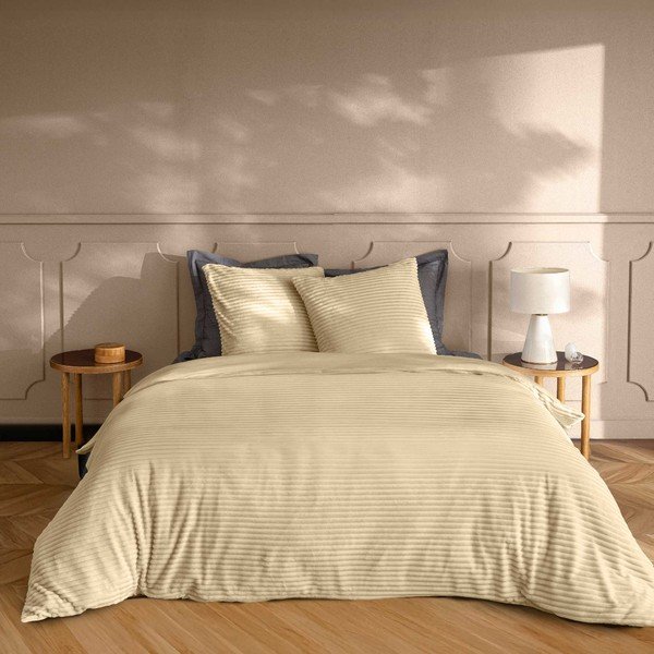 Béžové 3-dielne flanelové obliečky na dvojlôžko/predĺžené 240x220 cm Veloutea – douceur d'intérieur-image-1