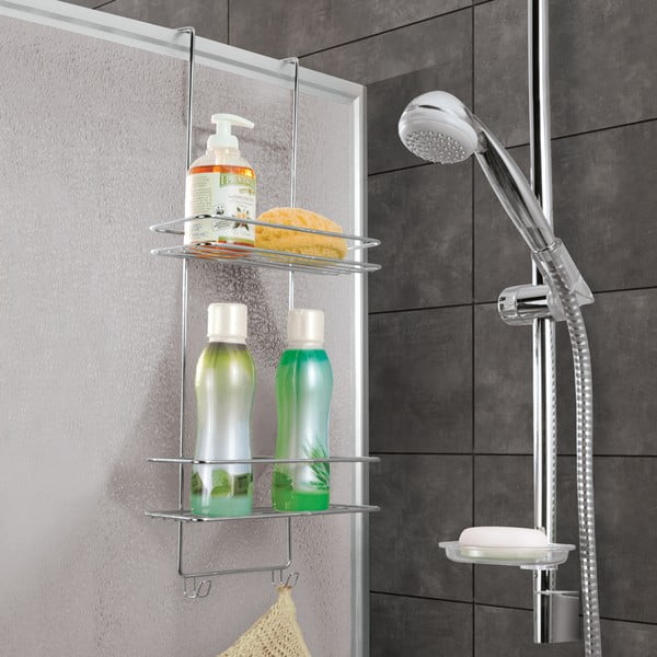 Závesná oceľová kúpeľňová polička bez vŕtania v lesklo striebornej farbe Luxy – Metaltex-image-1