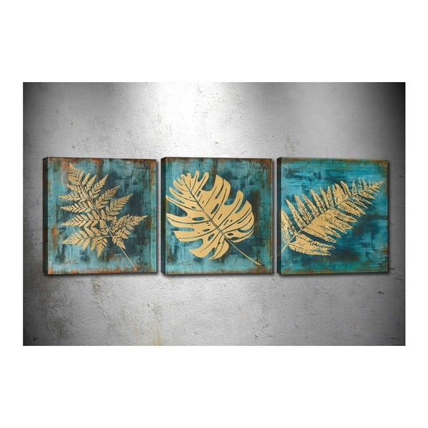 Sada 3 obrazov Gold Leaves, 30 × 30 cm