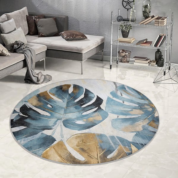 Modrý prateľný okrúhly koberec ø 150 cm Golden Leaves – Mila Home-image-4