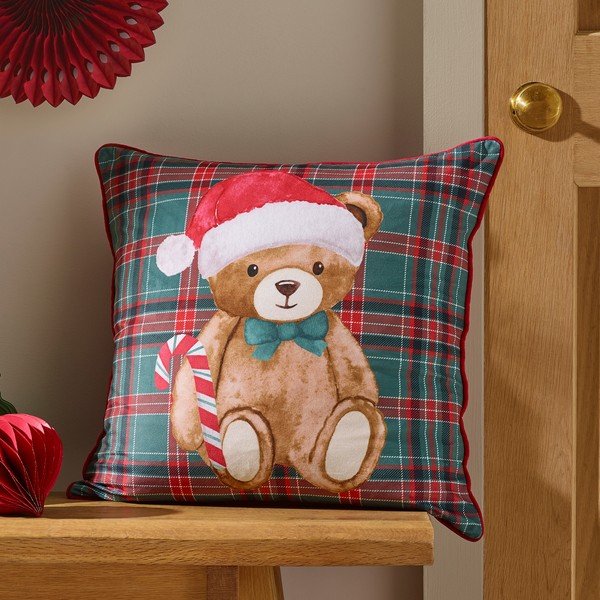 Dekoračný vankúš s vianočným motívom 45x45 cm Christmas Tartan Teddy Bear – Catherine Lansfield-image-1