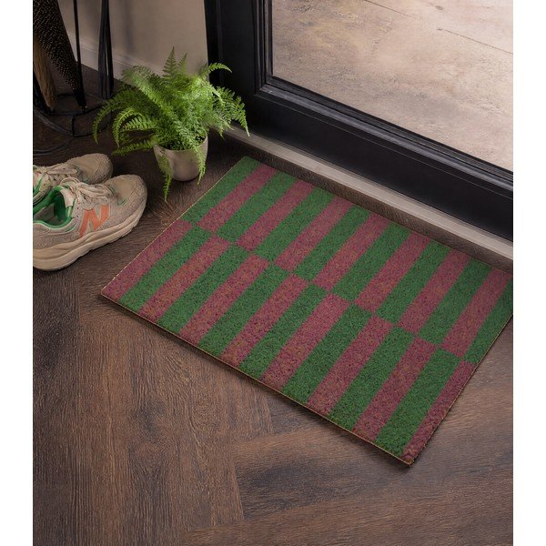 Rohožka z kokosového vlákna 40x60 cm Pink & Green Half Stripes – Artsy Doormats-image-1