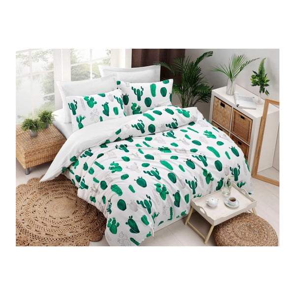 Obliečky s plachtou s prímesou bavlny na dvojlôžko Kaktus Green, 200 × 220 cm