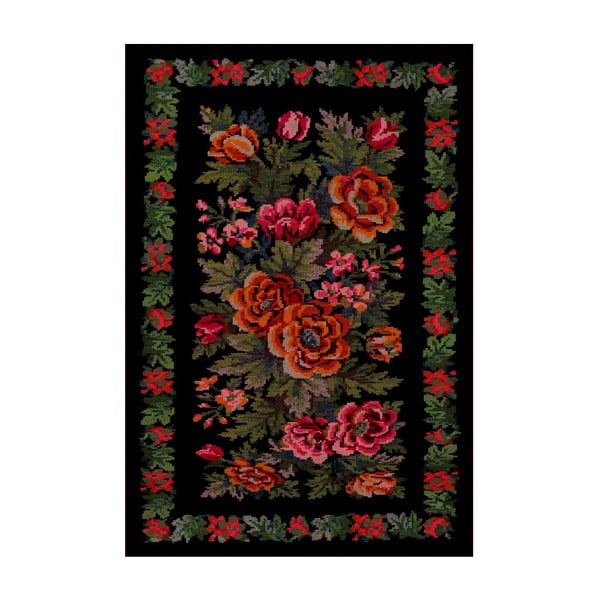 Čierny koberec Kate Louise Flowered, 80 × 150 cm