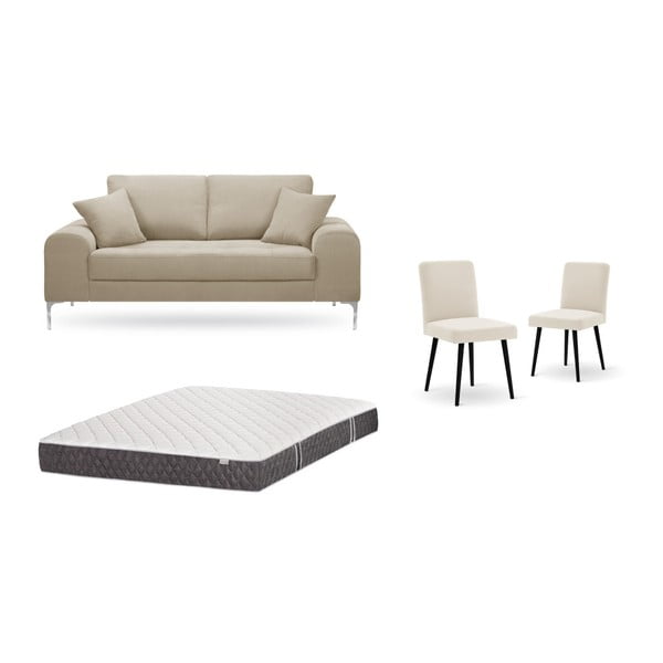 Set dvojmiestnej sivobéžovej pohovky, 2 krémových stoličiek a matraca 140 × 200 cm Home Essentials