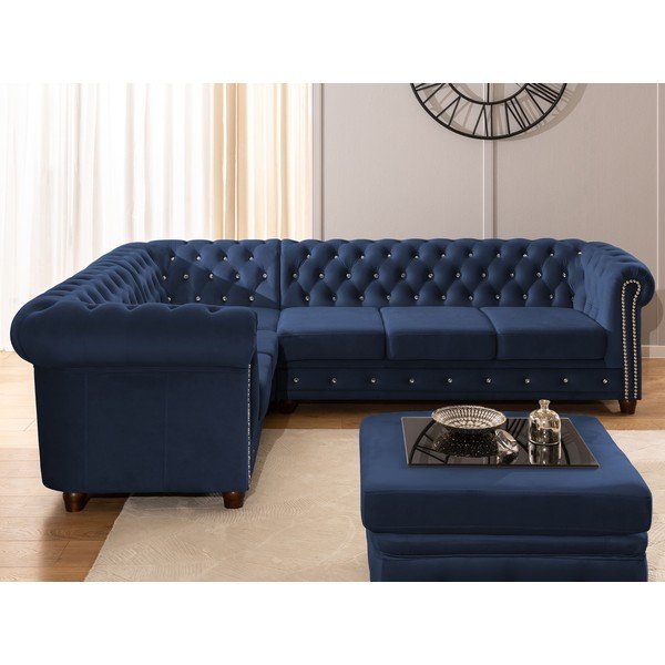 Modrá zamatová rozkladacia rohová pohovka (ľavý roh/do L) York Blik – Ropez-image-4