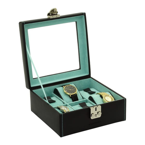 Čierno-tyrkysový kožený box na 6 hodiniek Friedrich Lederwaren Infinity