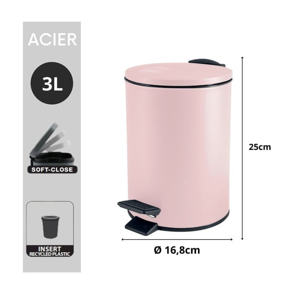 Ružový nášľapný oceľový odpadkový kôš 3 l Adelar – Spirella-image-4