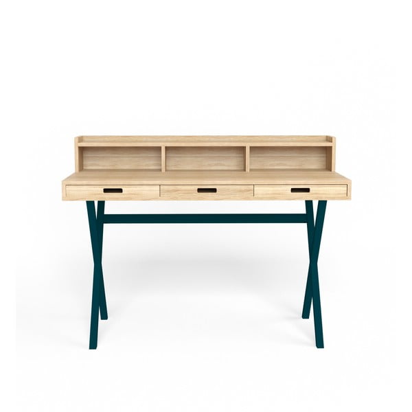 Pracovný stôl z dubového dreva s petrolejovomodrými kovovými nohami HARTÔ Hyppolite, 120 × 55 cm