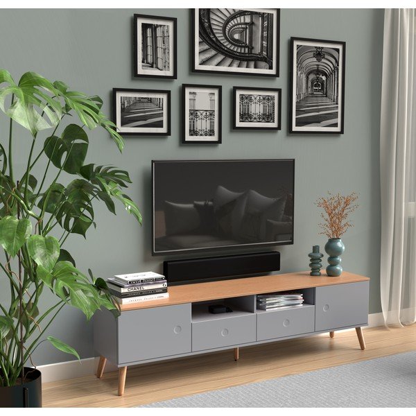 Sivý TV stolík s detailmi v dekore dubového dreva Tenzo Dot, šírka 192 cm-image-1