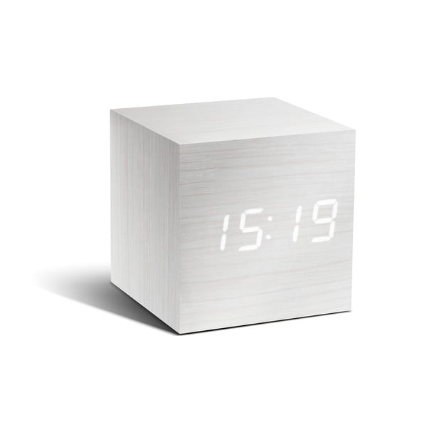 Biely budík s bielym LED displejom Gingko Cube Click Clock