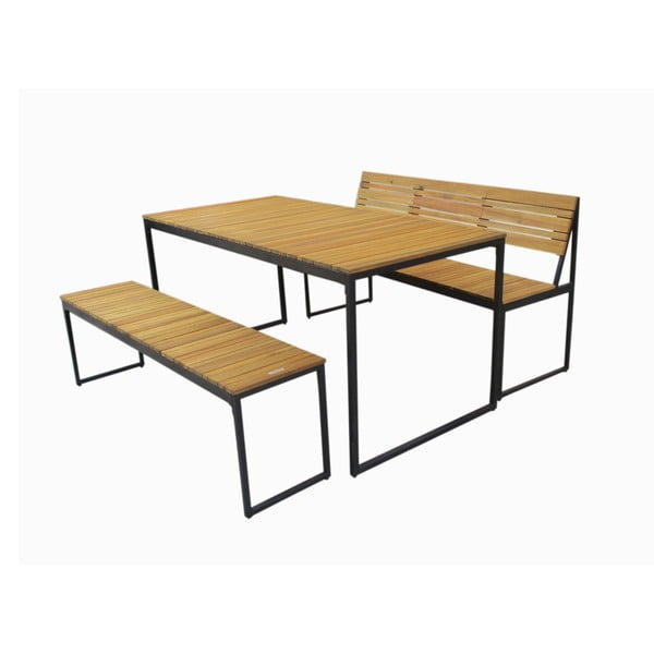 Záhradná súprava jedálenského stola a 2 lavíc z akáciového dreva s kovovou konštrukciou Ezeis Brick