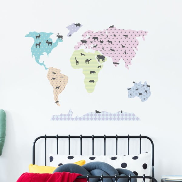 Set nástenných samolepiek Ambiance World Map Pastel with Animals