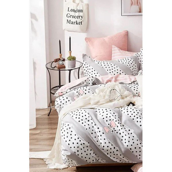 Bielo-ružové predĺžené štvordielne bavlnené obliečky na dvojlôžko s plachtou 200x220 cm Bow and Polka-Dot – Mila Home-image-3