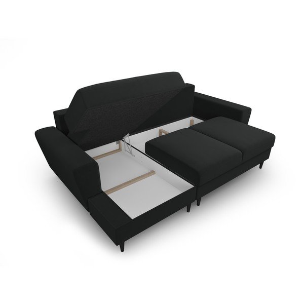 Čierna zamatová rozkladacia/s úložným priestorom rohová pohovka (ľavý roh/s leňoškou) Kyoto – Cosmopolitan Design-image-3