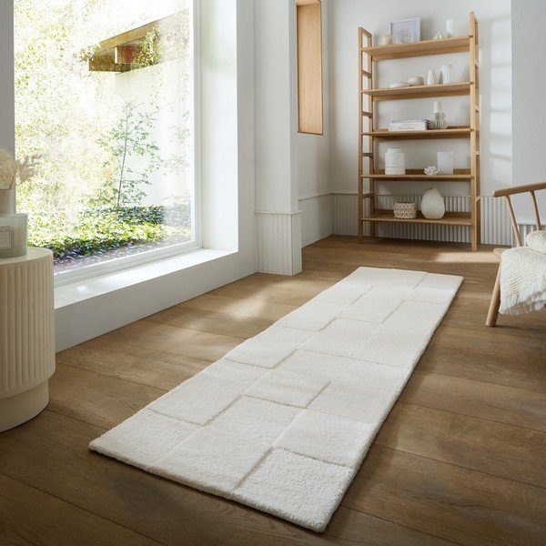 Slonovinový ručne tkaný vlnený behúň 60x230 cm Checkerboard – Flair Rugs-image-1