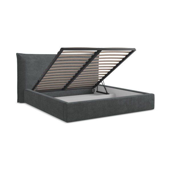 Tmavosivá čalúnená dvojlôžková posteľ s úložným priestorom s roštom 180x200 cm Esala – Makamii-image-3