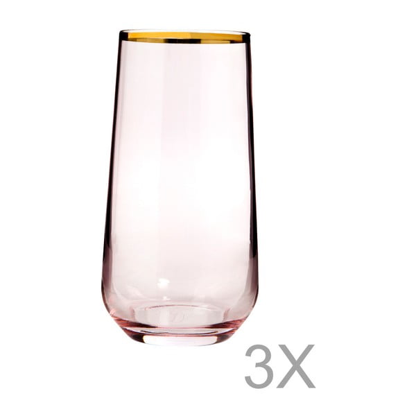 Sada 3 vysokých pohárov z ružového skla s okrajom zlatej farby Mezzo Paris, 250 ml