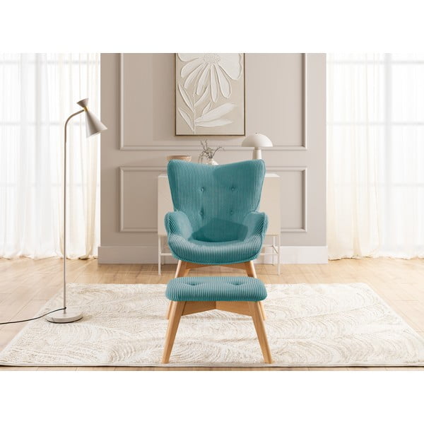 Tyrkysové menčestrové kreslo s podnožkou Niko – Ropez-image-1