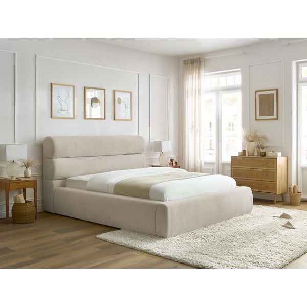 Béžová čalúnená dvojlôžková posteľ s úložným priestorom s roštom 160x200 cm Jagna – Bobochic Paris-image-3