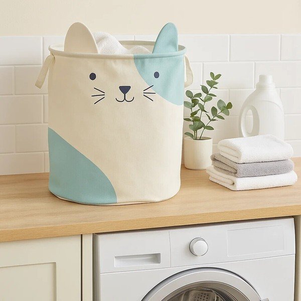 Biely látkový detský kôš na hračky ø 40x48 cm Mimo Cat Face – Premier Housewares-image-1