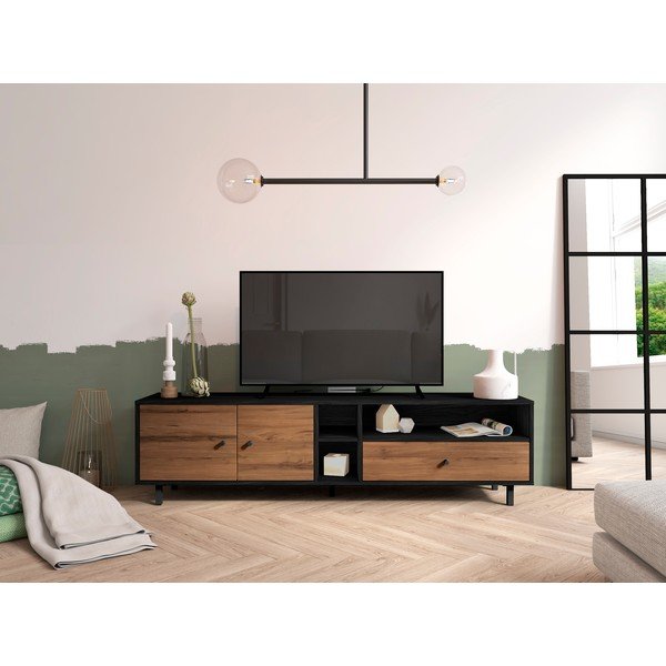 Čierny/prírodný TV stolík v dekore orecha 180x47 cm Roald – Marckeric-image-1