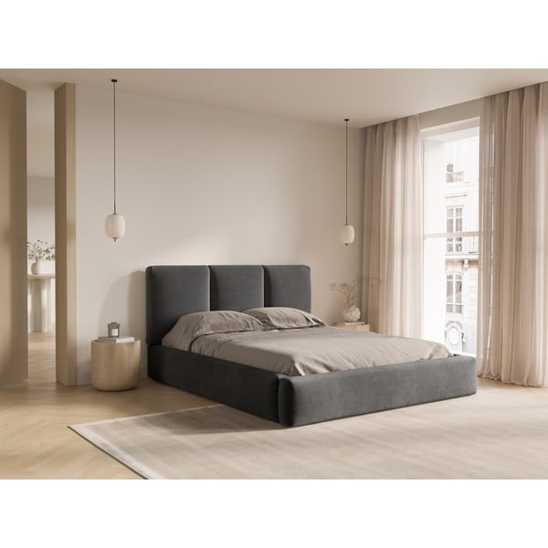 Sivá zamatová čalúnená dvojlôžková posteľ s úložným priestorom s roštom 180x200 cm Brody – Mazzini Beds-image-2