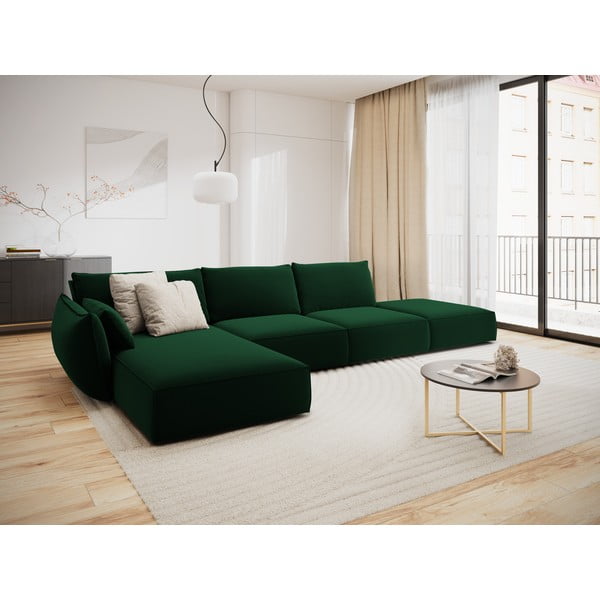 Tmavozelená zamatová rohová pohovka (ľavý roh/s leňoškou) Vanda – Mazzini Sofas-image-1